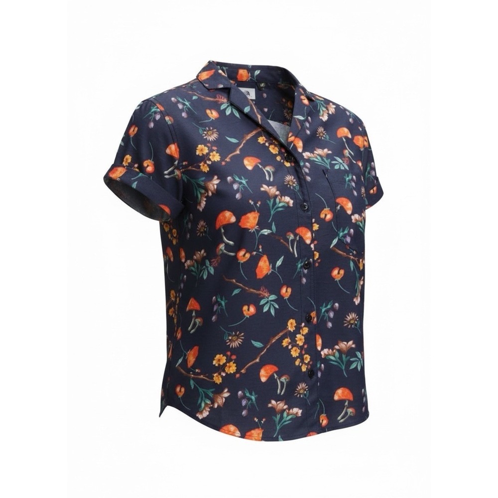 The North Face Womens Large Floral Button-Up Shirt Navy Mushroom Novelty Print